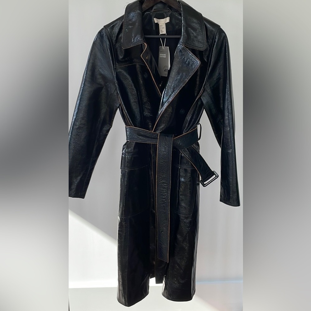H&M Double Breasted Leather Coat w Glossy Finish Size US 8